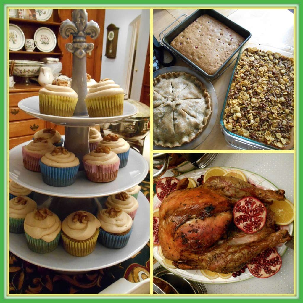 Clockwise from left: Some Thanksgiving fare - Banana cake muffins, apple pie, cornmeal and cranberries loaf, sweet potato casserole with pecan and cornflakes topping, turkey.